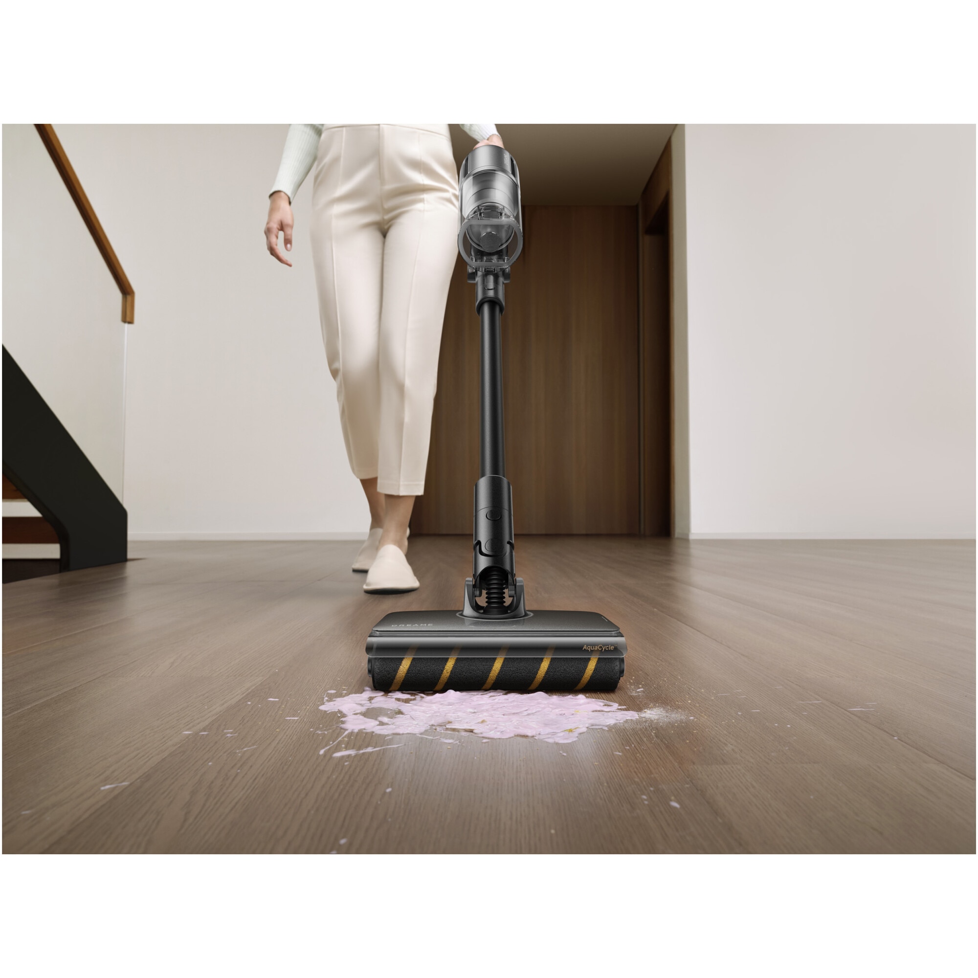 Aspirator vertical Dreame Z30 AquaCycle VZV77B, 28000Pa, 310AW, HEPA H14 99,99%, autonomie 90 min, baterie 3200mAh, rezervor 0,6L, perie umeda motorizat, perii CelesTect™ cu iluminare, perie anti-incurcare, LCD, negru-gri
