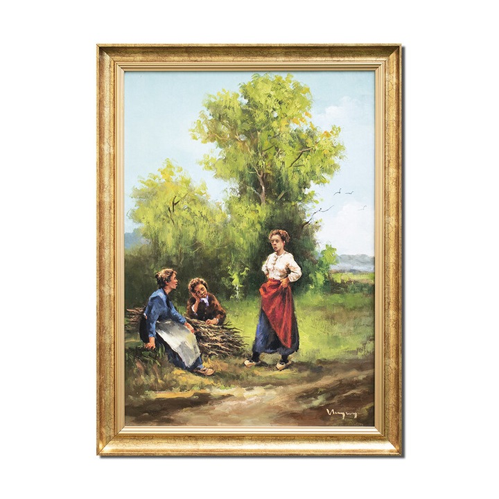 Tablou celebru pictat manual inramat, Intalnire pe un drum de tara, 75x55cm ulei pe panza, Geo Ungureanu, reproducere Cesar Pattein