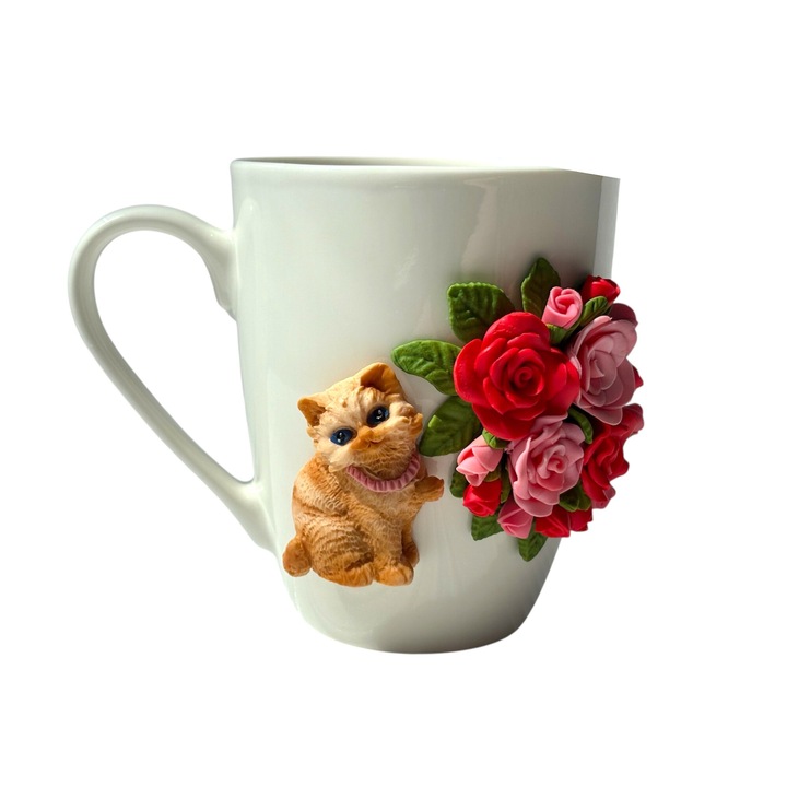 Cana cu pisica si buchet de trandafiri, decor handmade, multicolor, 350ml