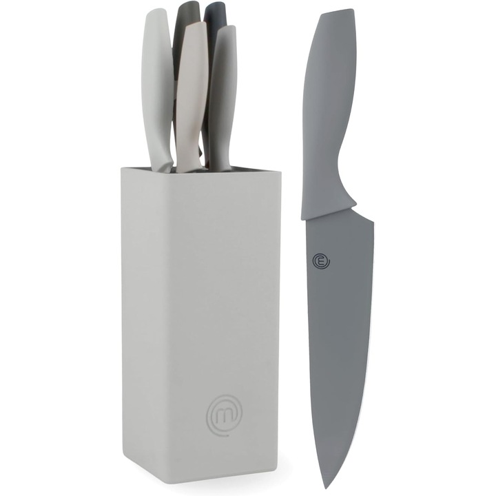 Set de cutite MasterChef cu bloc de depozitare – 5 piese: cutit santoku, cutit pentru paine, cutit de bucatar, cutit pentru legume si cutit universal, otel inoxidabil, manere soft touch, negru