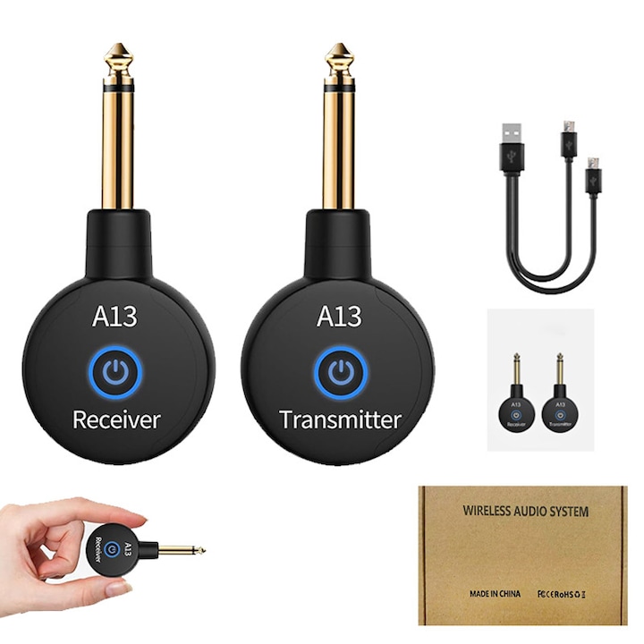 Sistem wireless pentru chitara, receptor muzical, transmitator muzical, Fudisenn, doua moduri, transmisie audio 2.4G, potrivit pentru bas, vioara, claviatura, distanta de transmisie 30m, 8.5x3.4x1.7cm, negru