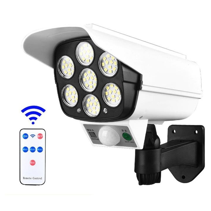 Фалшива соларна LED външна лампа тип камера за видеонаблюдение, 7 светодиода, сензор за движение, IP65, дистанционно управление, 18x9 см
