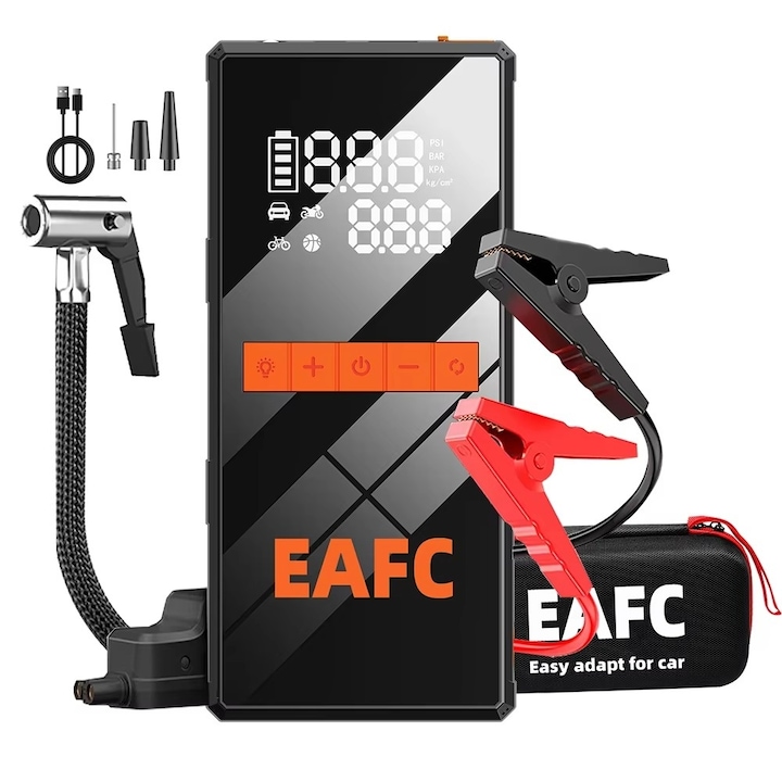 Starter auto si compresor aer 2-in-1, pentru motor 4L benzina sau 2L diesel, curent maxim 1200A, capacitate 8000 mAh, compresor de aer 150PSI, lanterna, powerbank USB, clesti inteligenti si husa transport incluse