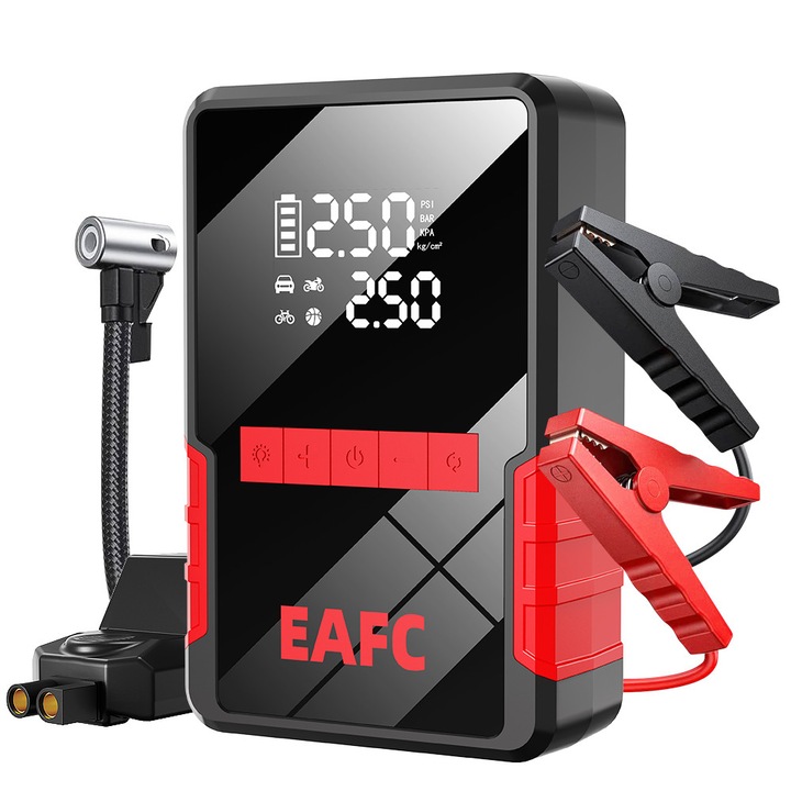 1200A Starter Auto, 150PSI Compresor de Aer, 4 in 1, 12V Baterie Externa, Ecran Digital, 3 Moduri de Lumina LED, Protectie Inteligenta, Portabil, Cu clip inteligent, Pentru 4.0L Motor Benzina/2.0L Diesel, Negru/Rosu