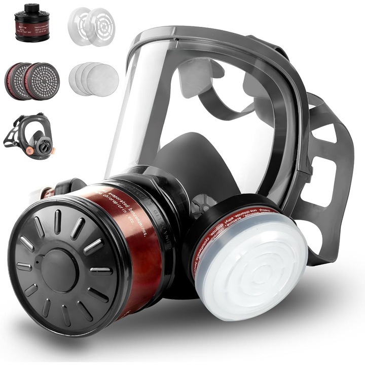 Set masca de protectie, WALALLA, cu filtru, reutilizabila, design ergonomic, banda reglabila pentru cap, potrivita pentru vopsire cu spray, protectie la praf, protectie impotriva vaporilor chimici/organici/formaldehidei, maro