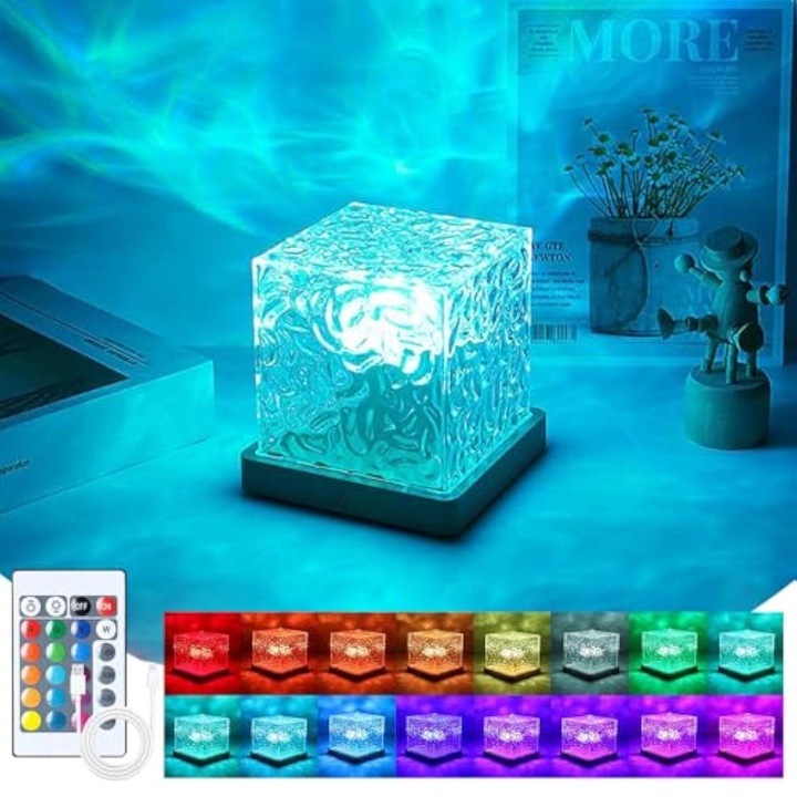 Éjszakai fény, FngyuyeUIB, kocka kialakítás, 16 szín, 13x13x13,5 cm, távirányítóval, USB töltéssel