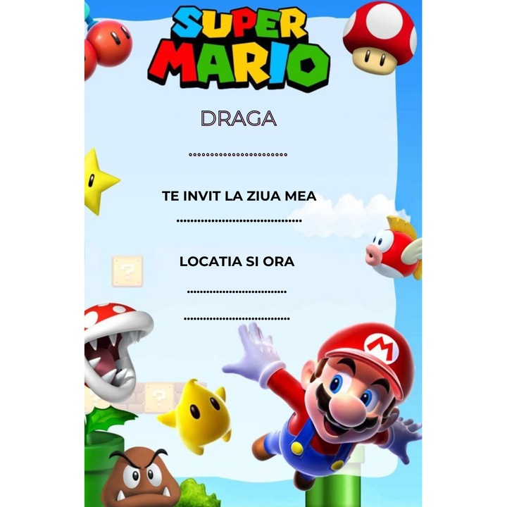 Set 10 invitatii Super Mario, A6, 10 plicuri incluse, carton mat