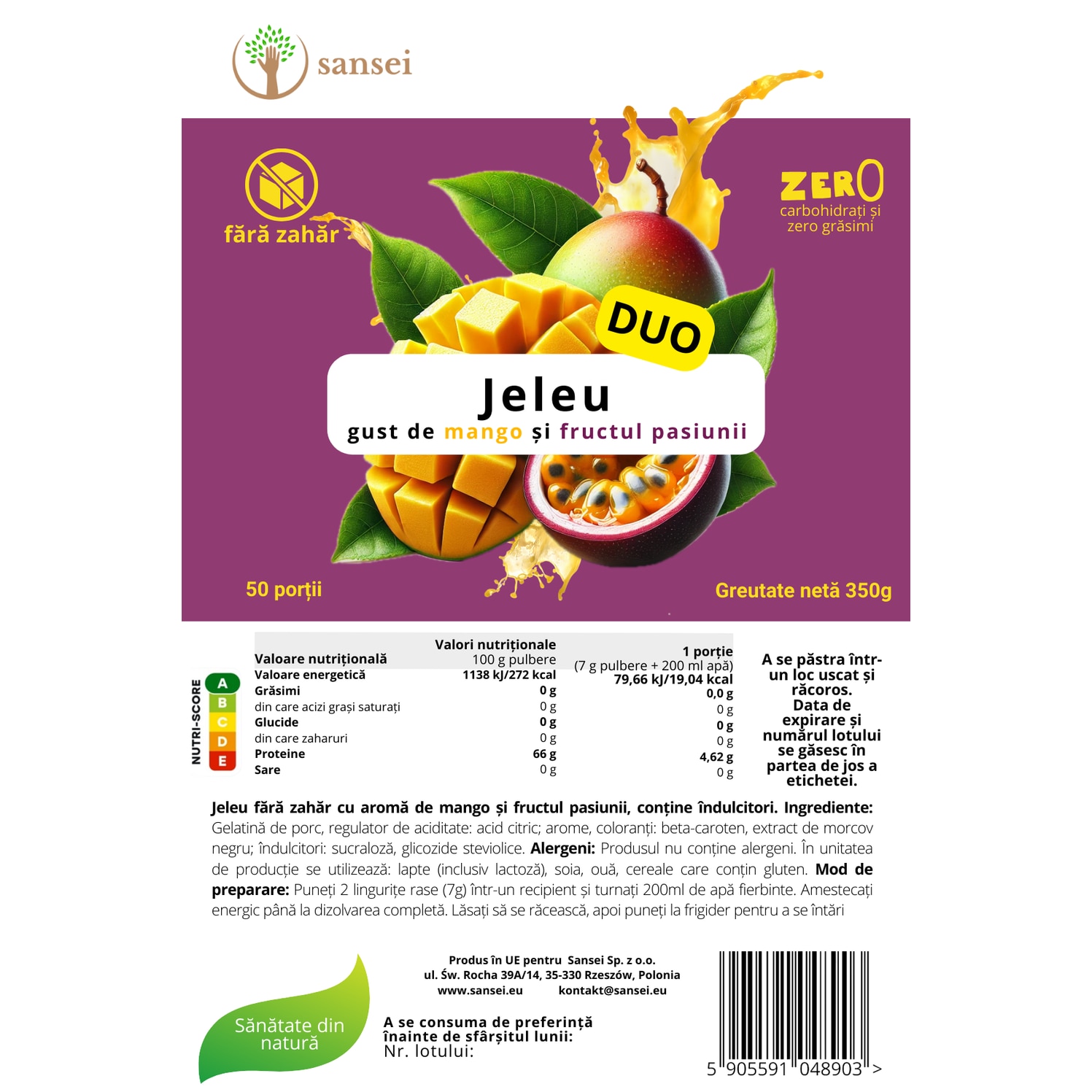 Jeleu KETO Sansei Duo, fara zahar, 350g, aroma mango-marakuja, 50 ...