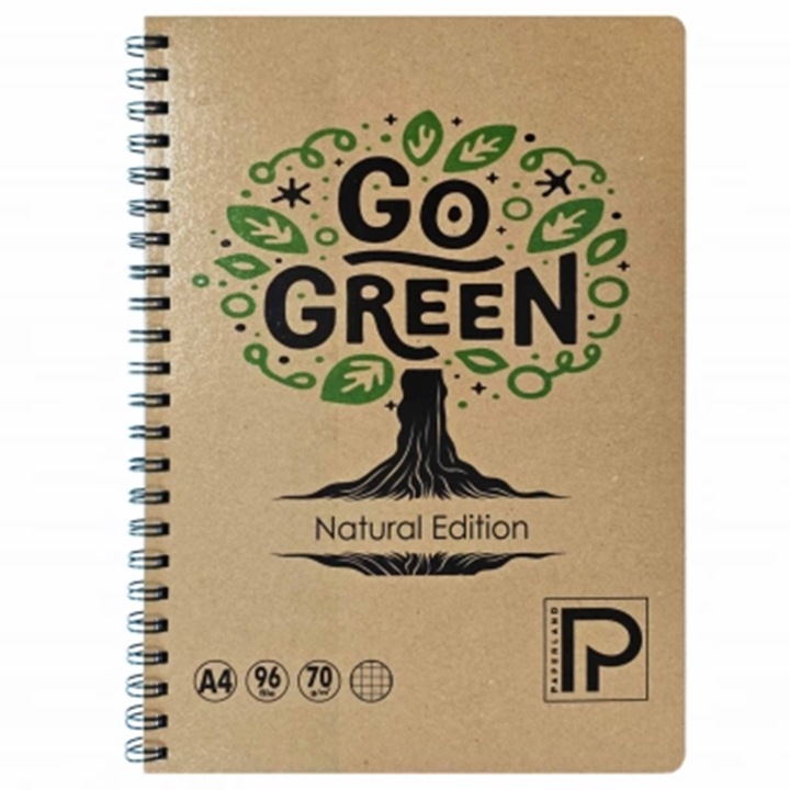 Caiet studentesc, PAPERLAND, cu spirala, A4, 96 file, matematica, 70g/mp, coperta kraft, carton plastifiat, Go Green