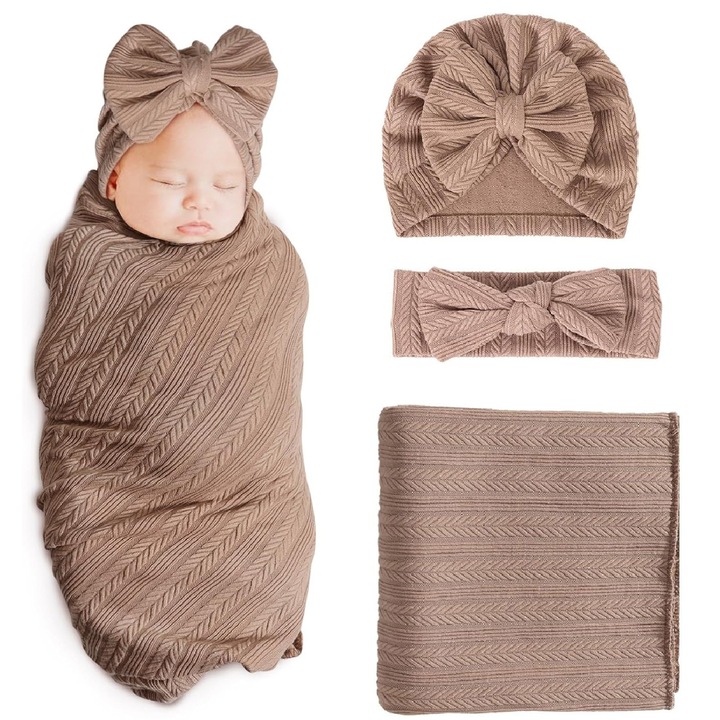 Set 3 sac de dormit bebe, Axroad Mall, Paturi de infasat bebelusi, Cu gluga, paturica, fundita bentita, Moale si confortabila, 0-1 Ani, Anti-acarieni, Antistatica, Usor de curatat, Calduroasa, Unisex, Muselina, 80x90 cm, Maro