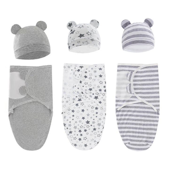 Set 3 sac de dormit bebe, Axroad Mall, Paturi de infasat bebelusi cu sapca, Confortabil si respirabil, Calduroasa, Unisex, Anti-acarieni, Antistatica, Potrivit pentru toate sezoanele, Bumbac, 50 x 73 cm, Pentru copii 0-3luni, Gri
