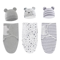 Set 3 sac de dormit bebe, Axroad Mall, Paturi de infasat bebelusi cu sapca, Confortabil si respirabil, Calduroasa, Unisex, Anti-acarieni, Antistatica, Potrivit pentru toate sezoanele, Bumbac, 50 x 73 cm, Pentru copii 0-3luni, Gri
