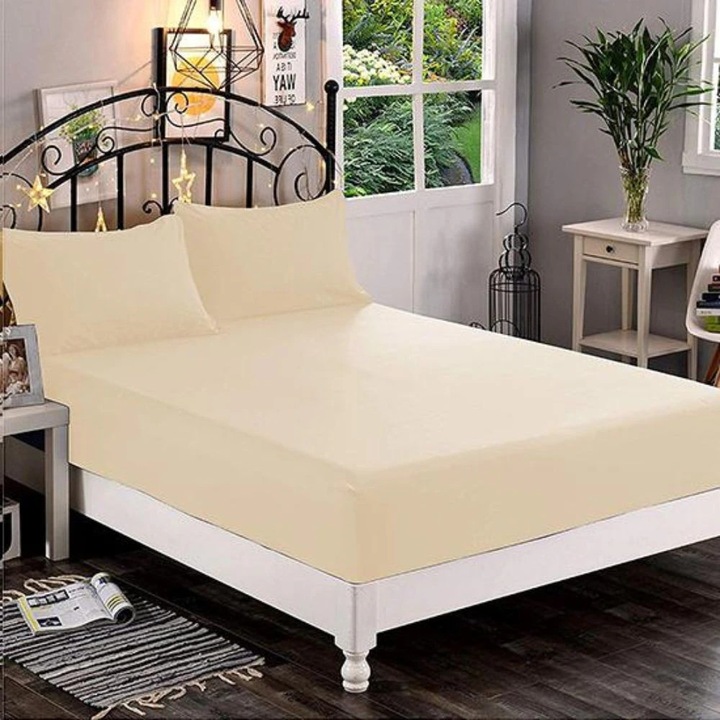 Husa de pat cu elastic Kotonia Home Hotel, 100% bumbac, Damasc DeLux Saten, vanilla, 160×200+35 cm