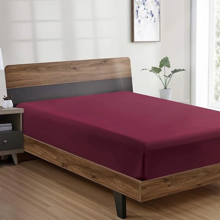 Husa de pat cu elastic Kotonia Home Hotel, 100% bumbac, Damasc DeLux Saten, burgundy, 180×200+30 cm