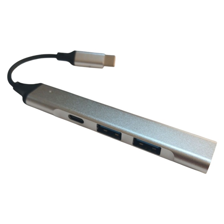 Adaptop 4 az 1-ben multiportos hub, DK, 3 USB-A port, 1 USB-C port, alumíniumötvözet, kompakt, telefonokkal kompatibilis, Android, iOS, Windows és Linux rendszerekkel