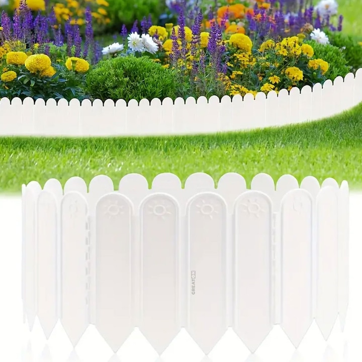 Gard GREATON Cu Montare In Pamant, Bordura Decorativa Pentru Gradina, Din Plastic, Material Rezistent La Apa, Soare, Design Elegant, 6 Placute, Lungime Maxima 120 Cm, Alb
