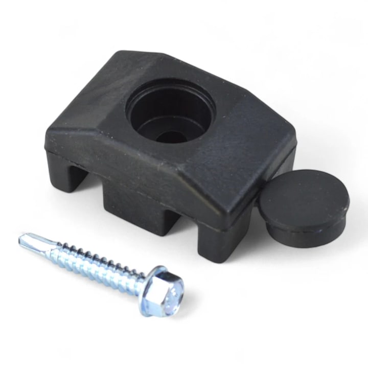 Clema PVC fixat gard bordurat, Negru, RAL 9005, cu surub autoforant, 5.5x32 mm, DIN 7504K, clema 40x30 mm, cutie 20 buc