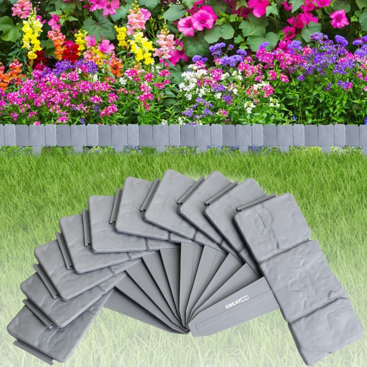 Set Gard De Gradina / Gazon GREATON, Aspect Piatra, 10 Placute, Asamblare Prin Imbinare, Fixare In Pamant, Lungime Totala 240 cm, Gri
