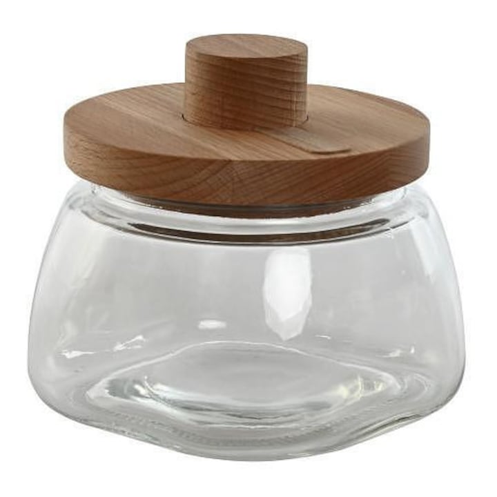 Borcan de depozitare 1100 ml, sticla si fag, 14x14x13 cm