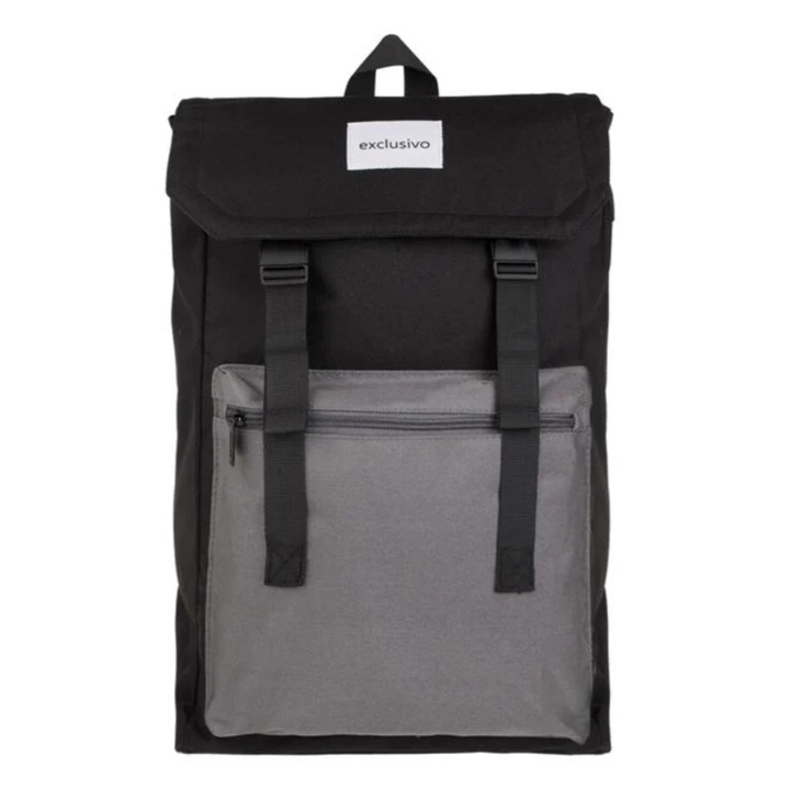 Rucsac negru cu buzunar exterior gri, textil, negru/gri, 28x12x50cm