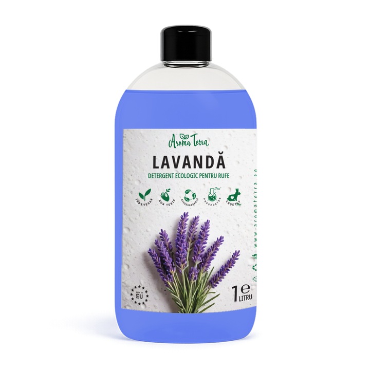 Detergent de rufe organic AromaTerra cu lavanda, fara fosfati, enzime si alergeni, 1 litru