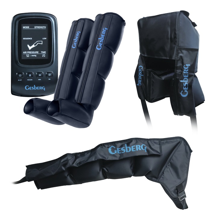 Комплект - Лимфодренажен масажор за крака Gesberg, Presso Health, Размер на маншета за крака M, Шорти за пресотерапия, Маншет за ръка, 4x2 камери, 8 нива на интензивност, Черен