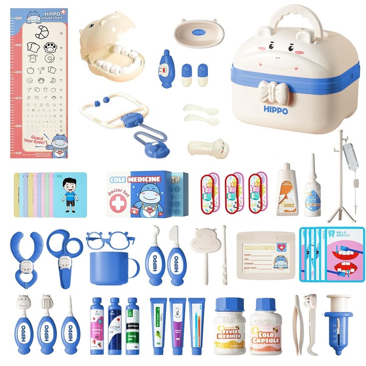 Jucarie set de doctor pentru copii, SINBINTA, Trusa medicala educativa cu sunete si lumini, 58 piese, Include Stetoscop, Termometru, Seringa, Invatarea prin joaca etc, Ajuta la dezvoltarea imaginatiei copilului si logica, 19.5*19*15.5cm, Albastru