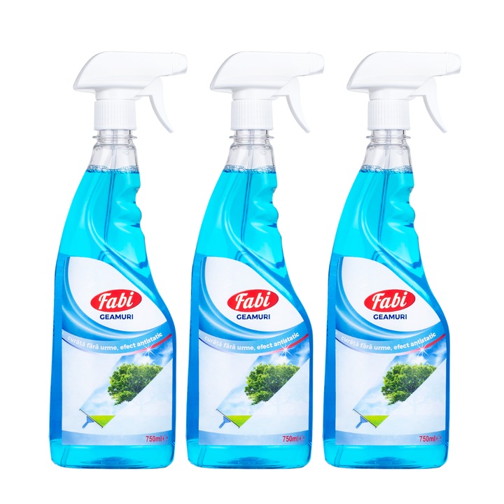 Pachet 3 x Solutie pentru curatat geamuri, Fabi, 750 ml, cu pulverizator, elimina eficient murdaria, nu necesita clatire