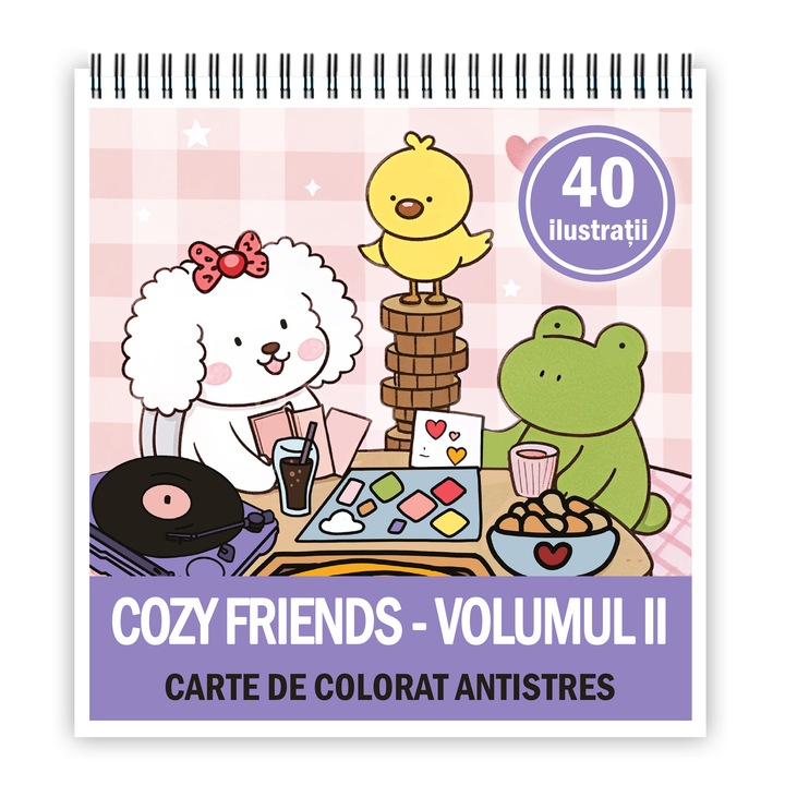 Mini stresszoldó kifestőkönyv, 40 illusztrációval, Cozy Friends - II. kötet, 86 oldal, Formátum: 14,8x14,8cm, Cadouri Legendare Kiadó
