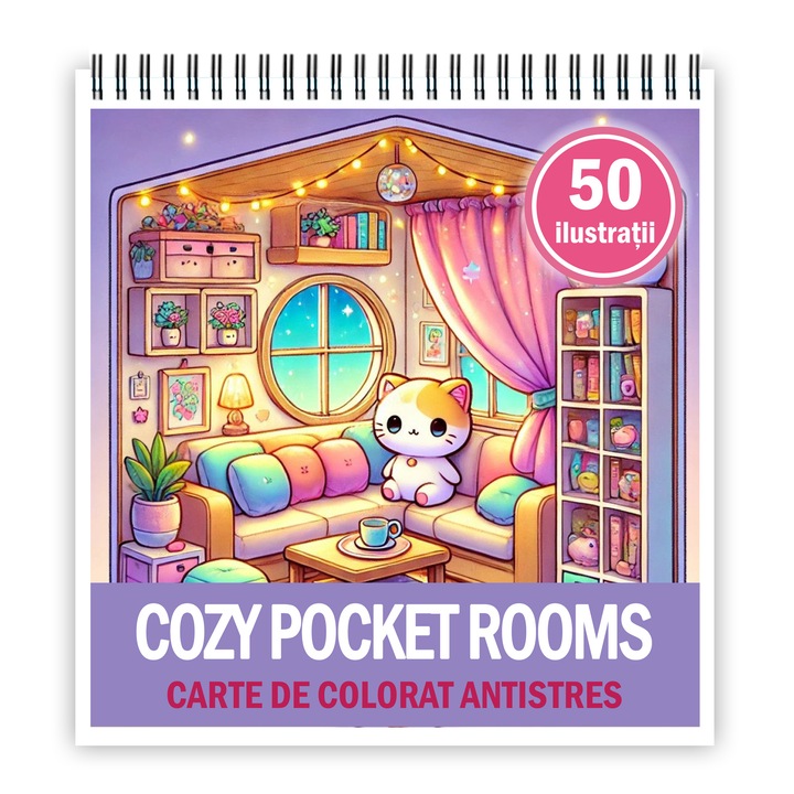 Mini stresszoldó kifestőkönyv, 50 illusztrációval, Kényelmes zsebszobák, 106 oldal, Méret: 14,8x14,8cm, Cadouri Legendare Kiadó