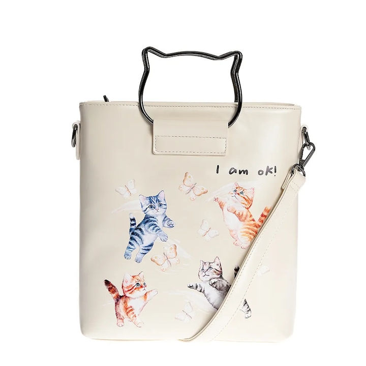 Geanta tip crossbody crem cu imprimeu pisici si maner forma urechi, Meli Melo Paris