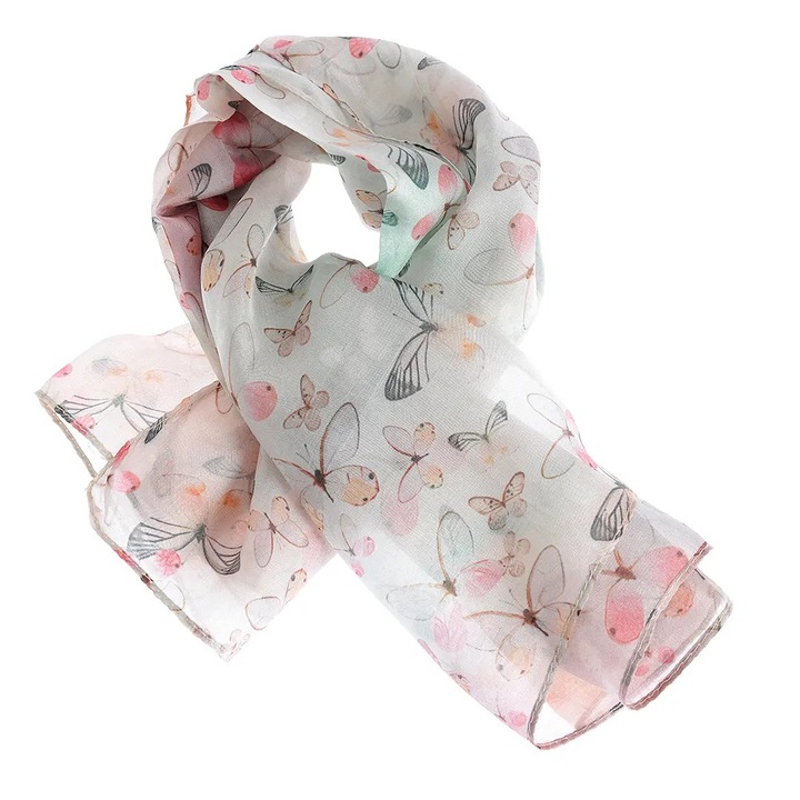 Esarfa din matase alba cu imprimeu fluturi multicolori 50x50 cm, Meli Melo Paris
