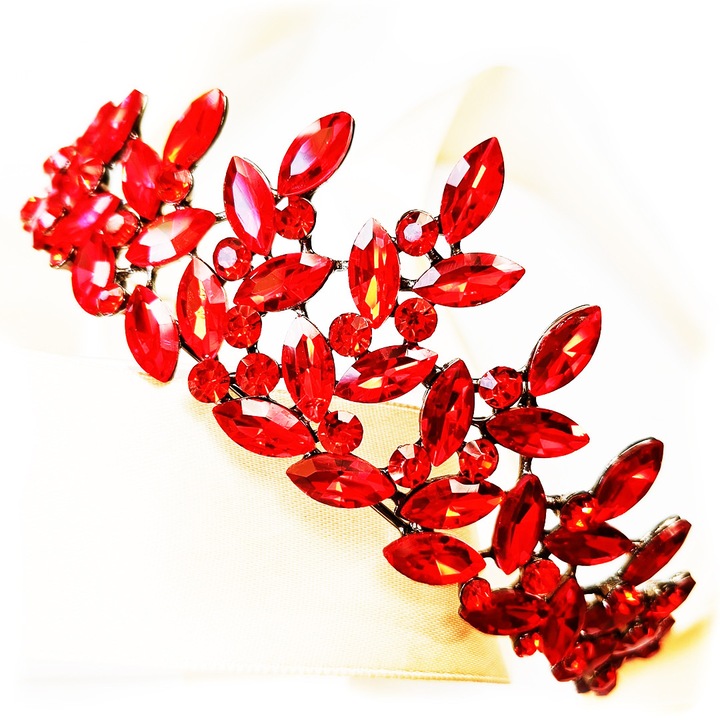 Coroana tiara neagra KOKONET cu zirconii rosii, pentru nunta extravaganta, 33x25x5.5cm