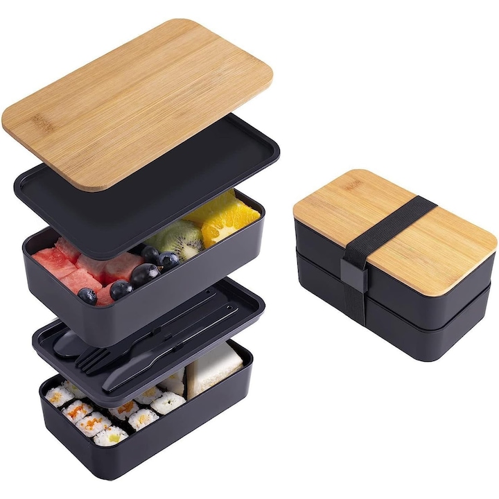 Caserola pranz bambus Conceptix, Lunch Box 1200 ml cu geanta termoizolanta, set tacamuri, cutie alimentara Bento Eco, ideala pentru birou si scoala