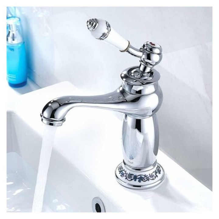 Sárgaréz fürdőszobai csaptelep, vintage virágmintás, kerámia, hideg/meleg víz, könnyen használható