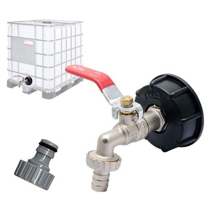 IBC csapadapter, 1/2", sárgarézből és PP műanyagból, 60 mm vastag menettel, esővíztartályhoz