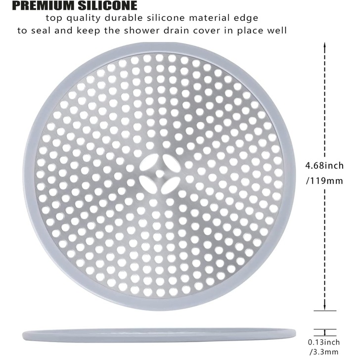 Zuhanylefolyó szűrő, rozsdamentes acél és szilikon, praktikus kialakítás, a legtöbb lefolyóhoz alkalmas, ezüst színű