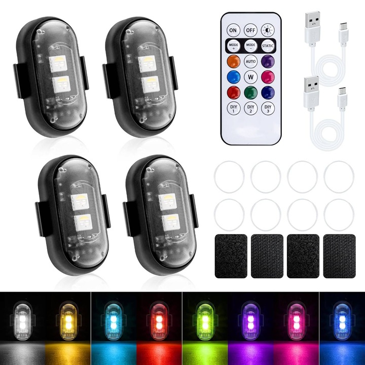Set 4 semnalizari moto LED, FngyuyeUIB, multicolor, USB reincarcabil, impermeabil