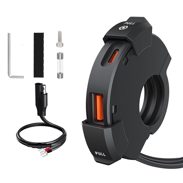 Incarcator USB pentru Motocicleta, Slim, TYPE-C PD QC3.0, Fast Charging 12/24V, Rezistent la Apa, Dual Port USB-A & USB-C, Putere 30W + 18W, Protectie Supratensiune, Montare pe Ghidon, Compatibil Motocicleta, ATV, GPS, LEIISVK