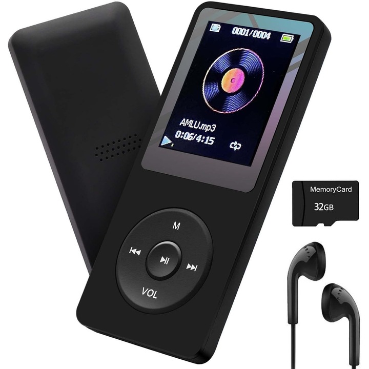 OEM Hordozható MP3 lejátszó, 32 GB, kiváló minőségű hangzás, fekete, komplett szett fejhallgatóval és töltőkábellel