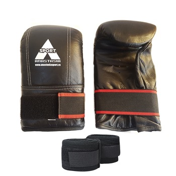 Manusi pentru sac / kick-box Anastasia Sport, piele naturala, marime M, negre, bandaje incluse Manusi pentru sac / kick-box Anastasia Sport, piele naturala, marime M, negre, bandaje incluse