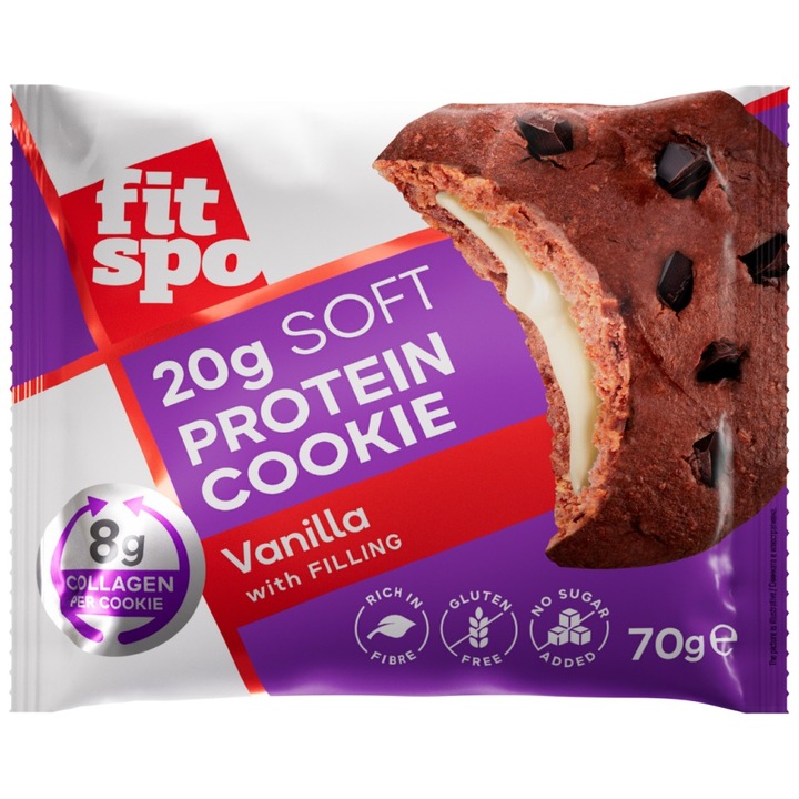 Supliment alimentar FIT SPO Soft Protein Cookie cu 8g de colagen si fara zahar adaugat, Vanilie, 70 grame