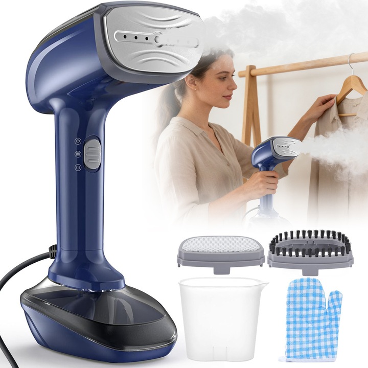 Aparat de calcat vertical cu abur, BYONDSELF®, 2 in 1, abur 23g/min, 1200 W, 300 ml, cu placa ceramica pentru incalzire rapida, duza de abur, perie de scame, Albastru