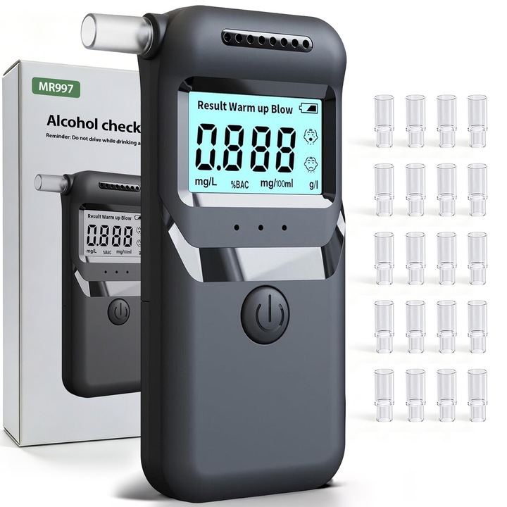 Alcool Tester Profesional, BYONDSELF®, cu 20 mustiuc-uri, Precizie 0.01%BAC, Indicator Luminos In 3 Culori, Functie de Memorare, Calibrare Automata, Display LCD