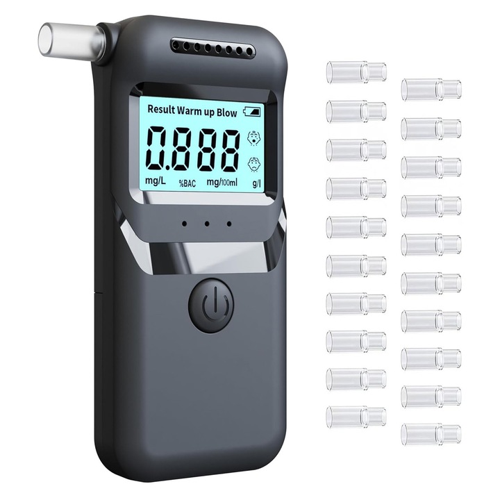 Тестер за алкохол, BYONDSELF®, професионален, с 20 мундщука, точност 0.01%BAC, 3-цветен светлинен индикатор, функция памет, автоматично калибриране, LCD дисплей