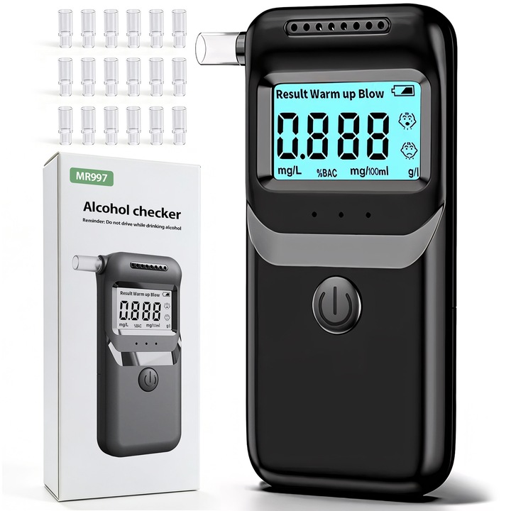 Alcool Tester Profesional, BYONDSELF®, cu 20 mustiuc-uri, Precizie 0.01%BAC, Indicator Luminos In 3 Culori, Functie de Memorare, Calibrare Automata, Display LCD