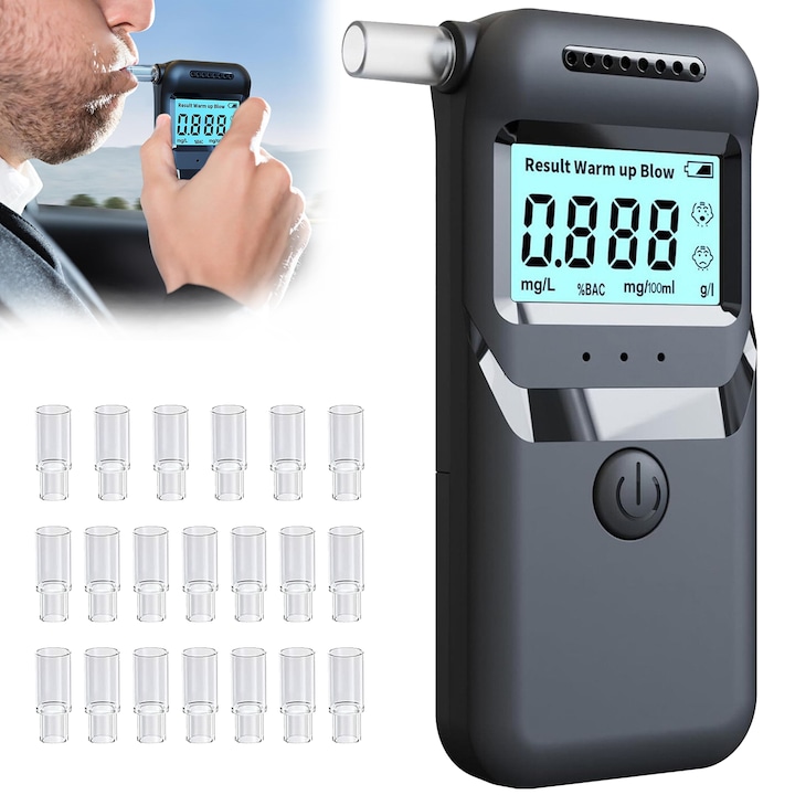 Alcool Tester Profesional, BYONDSELF®, cu 20 mustiuc-uri, Precizie 0.01%BAC, Indicator Luminos In 3 Culori, Functie de Memorare, Calibrare Automata, Display LCD