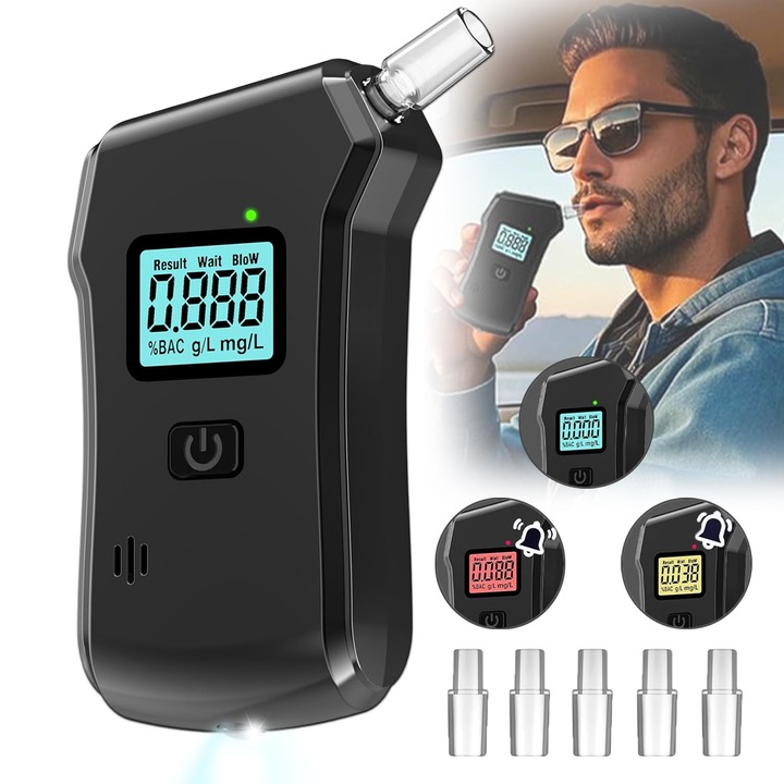 Alcool Tester Profesional, BYONDSELF®, cu 5 mustiuc-uri, Functie de Memorare, Precizie 0.01%BAC, Display LCD, Negru