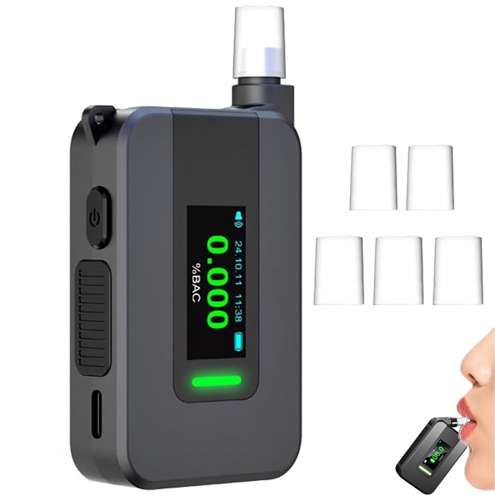 Alcool Tester Profesional, BYONDSELF®, Senzor Electrochimic, Inalta Precizie, Functie de Memorare, 5 mustiuc-uri incluse, Analiza Rapida, Negru