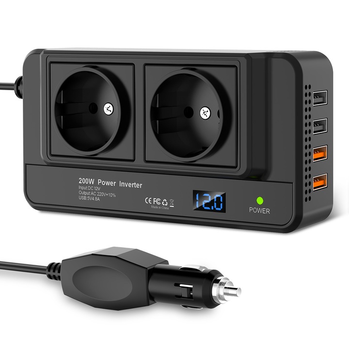 Invertor de Tensiune Auto, DEYKAY, 200W Incarcator auto 12V, Afisaj de Tensiune, 2x 220V AC Prize, 2 x USB QC3.0, 2x USB 5V 2.4A, Negru